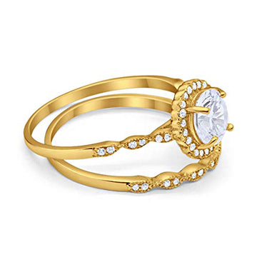 Two Piece Halo Engagement Ring Yellow Tone, Simulated CZ 925 Sterling Silver